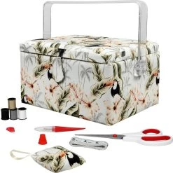 Promo 🥰 SINGER® Premium Large Toucan Print Tackle Sewing Basket with Notions Sewing Kit & Pin Cushion 😍